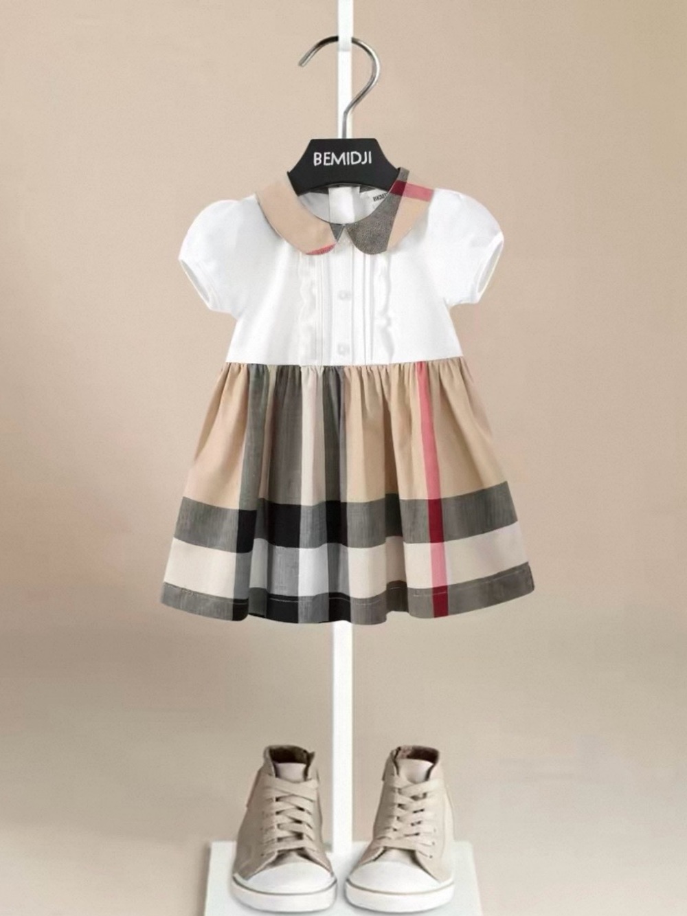 Beige Plaid Peter Pan Collar Kids Dress size 3T
